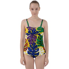 Pattern Leaves Grey Twist Front Tankini Set by HermanTelo