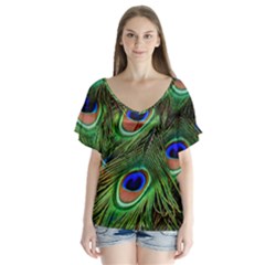 Peacock Feathers Plumage Iridescent V-neck Flutter Sleeve Top by HermanTelo