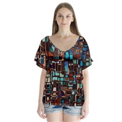 Stained Glass Mosaic Abstract V-neck Flutter Sleeve Top by Sapixe