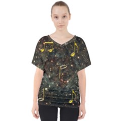 Music Clef Musical Note Background V-neck Dolman Drape Top by Bajindul