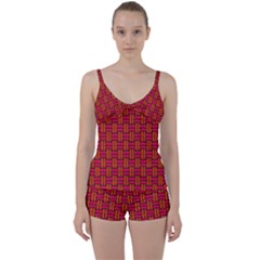 Pattern Red Background Structure Tie Front Two Piece Tankini by Bajindul