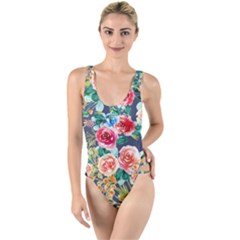 Watercolour Floral  High Leg Strappy Swimsuit by charliecreates