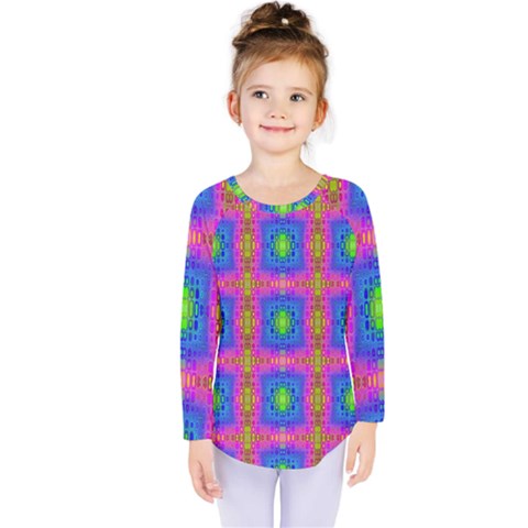 Groovy Pink Blue Yellow Square Pattern Kids  Long Sleeve Tee by BrightVibesDesign