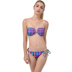 Groovy Blue Pink Yellow Square Pattern Twist Bandeau Bikini Set by BrightVibesDesign