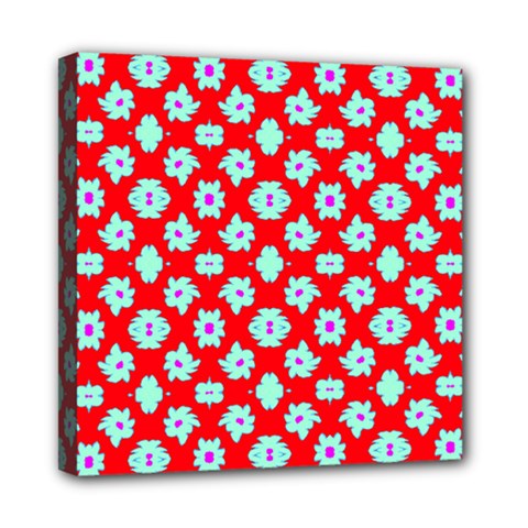 Modern Turquoise Flowers  On Red Mini Canvas 8  X 8  (stretched) by BrightVibesDesign