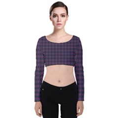 Argyle Dark Pink Black Pattern Velvet Long Sleeve Crop Top by BrightVibesDesign
