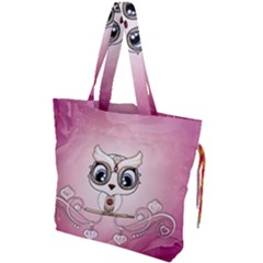 Cute Little Owl With Hearts Drawstring Tote Bag by FantasyWorld7