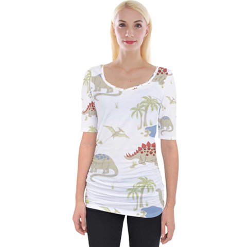 Dinosaur Animal Art Pattern Wide Neckline Tee by BangZart