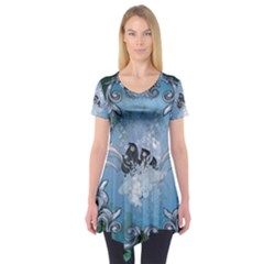 Surfboard With Dolphin Short Sleeve Tunic  by FantasyWorld7