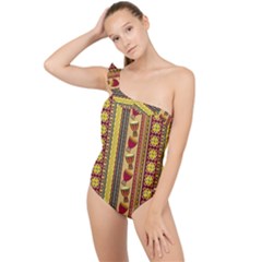 Traditional Africa Border Wallpaper Pattern Colored 4 Frilly One Shoulder Swimsuit by EDDArt