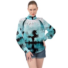 Wonderful Unicorn Silhouette In The Night High Neck Long Sleeve Chiffon Top by FantasyWorld7