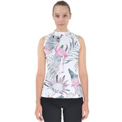 Tropical Flamingos Mock Neck Shell Top by Sobalvarro