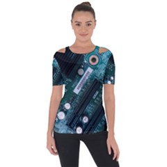 Green And Black Computer Motherboard Shoulder Cut Out Short Sleeve Top by Wegoenart