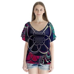 Fractal Artwork Abstract Background Art Pattern V-neck Flutter Sleeve Top by Sudhe