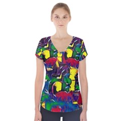 Colorful Shapes Abstract Painting                         Short Sleeve Front Detail Top by LalyLauraFLM