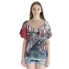 Venice Water Laguna Italy V-neck Flutter Sleeve Top by Wegoenart