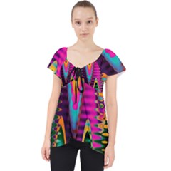 Multicolored Wave Distortion Zigzag Chevrons 2 Background Color Solid Black Lace Front Dolly Top by EDDArt