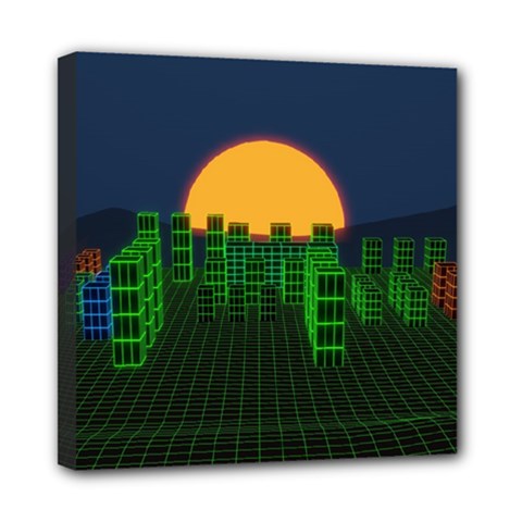 Neon City Retro Grid 80s Mini Canvas 8  X 8  (stretched) by Pakrebo