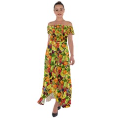 Background Pattern Structure Fruit Off Shoulder Open Front Chiffon Dress by Pakrebo