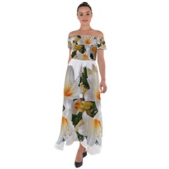 Lilies Belladonna White Flowers Off Shoulder Open Front Chiffon Dress by Pakrebo