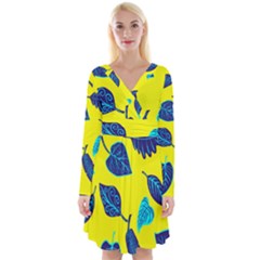 Leaves On A Yellow Background                                     Long Sleeve Front Wrap Dress by LalyLauraFLM