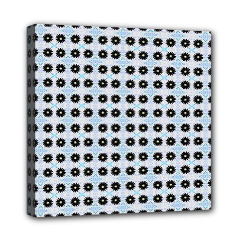 Black Flower On Blue White Pattern Mini Canvas 8  X 8  (stretched) by BrightVibesDesign