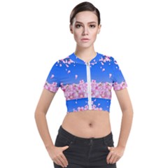Sakura Cherry Blossom Night Moon Short Sleeve Cropped Jacket by Simbadda