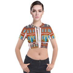 City Buildings Brick Architecture Short Sleeve Cropped Jacket by Simbadda