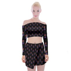 Nerdy 60s  Girl Pattern Black Off Shoulder Top With Mini Skirt Set by snowwhitegirl