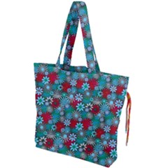 Red And Blue Green Floral Pattern Drawstring Tote Bag by bloomingvinedesign