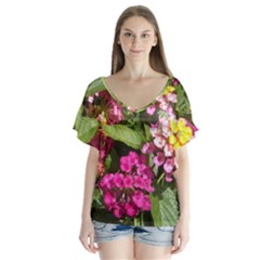 Summer Lantana W Bee V-neck Flutter Sleeve Top by Riverwoman
