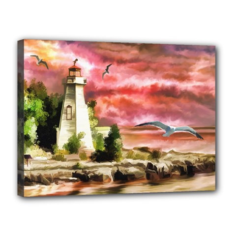 Lighthouse Ocean Sunset Seagulls Canvas 16  X 12  (stretched) by Sudhe
