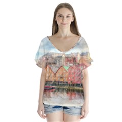 Architecture City Buildings River V-neck Flutter Sleeve Top by Simbadda