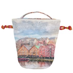 Architecture City Buildings River Drawstring Bucket Bag by Simbadda