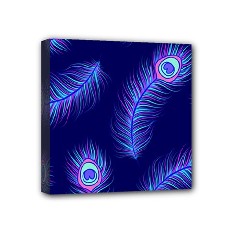 Seamless Pattern With Colorful Peacock Feathers Dark Blue Background Mini Canvas 4  X 4  (stretched) by Vaneshart