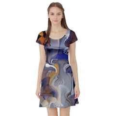 Cobalt Blue Silver Orange Wavy Lines Abstract Short Sleeve Skater Dress by CrypticFragmentsDesign