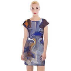 Cobalt Blue Silver Orange Wavy Lines Abstract Cap Sleeve Bodycon Dress by CrypticFragmentsDesign