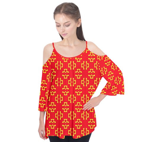 Red Background Yellow Shapes Flutter Tees by Simbadda