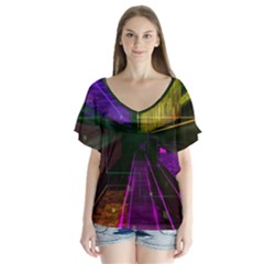Data City Large Fiction Digital V-neck Flutter Sleeve Top by Simbadda