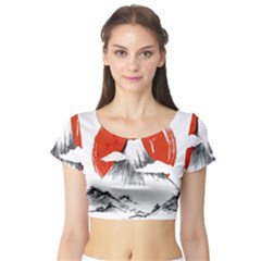 Mount Fuji Mountain Ink Wash Painting Short Sleeve Crop Top by Vaneshart