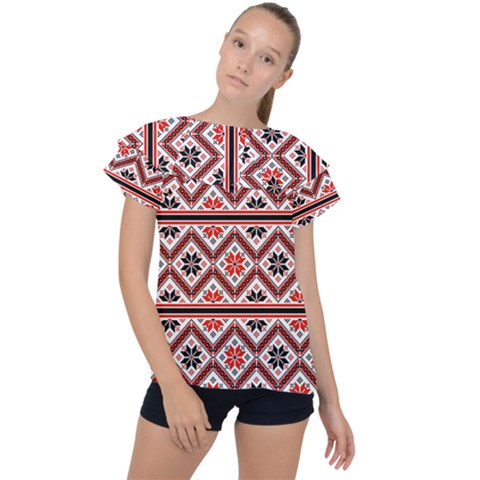 Folklore Ethnic Pattern Background Ruffle Collar Chiffon Blouse by Vaneshart