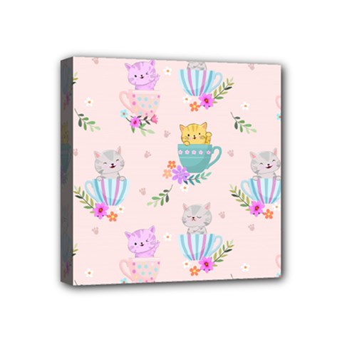 Cute Cat Coffee Cup Morning Times Seamless Pattern Mini Canvas 4  X 4  (stretched) by Vaneshart