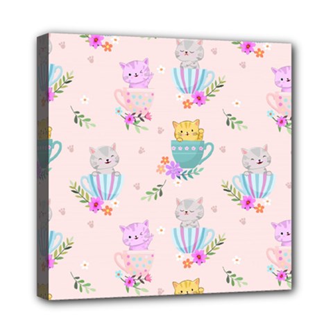 Cute Cat Coffee Cup Morning Times Seamless Pattern Mini Canvas 8  X 8  (stretched) by Vaneshart