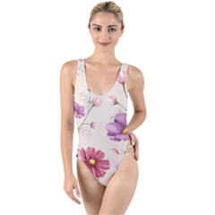 Vector Hand Drawn Cosmos Flower Pattern High Leg Strappy Swimsuit by Sobalvarro