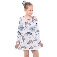 Cute Unicorns With Magical Elements Vector Kids  Long Sleeve Dress by Sobalvarro