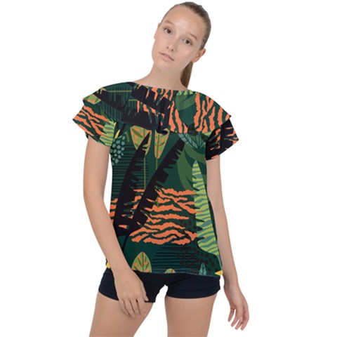 Abstract Seamless Pattern With Tropical Leaves Ruffle Collar Chiffon Blouse by Vaneshart