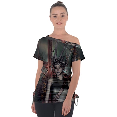 Awesome Fantasy Women With Helmet Tie-up Tee by FantasyWorld7