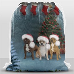 Christmas, Cute Dogs With Christmas Hat Drawstring Bag (large) by FantasyWorld7