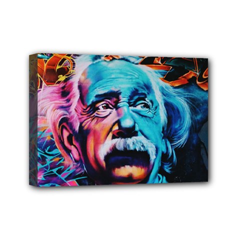 Albert Einstein Retro Wall Graffiti Blue Pink Orange Modern Urban Art Grunge Mini Canvas 7  X 5  (stretched) by genx