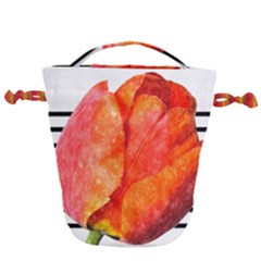 Tulip Watercolor Red And Black Stripes Drawstring Bucket Bag by picsaspassion